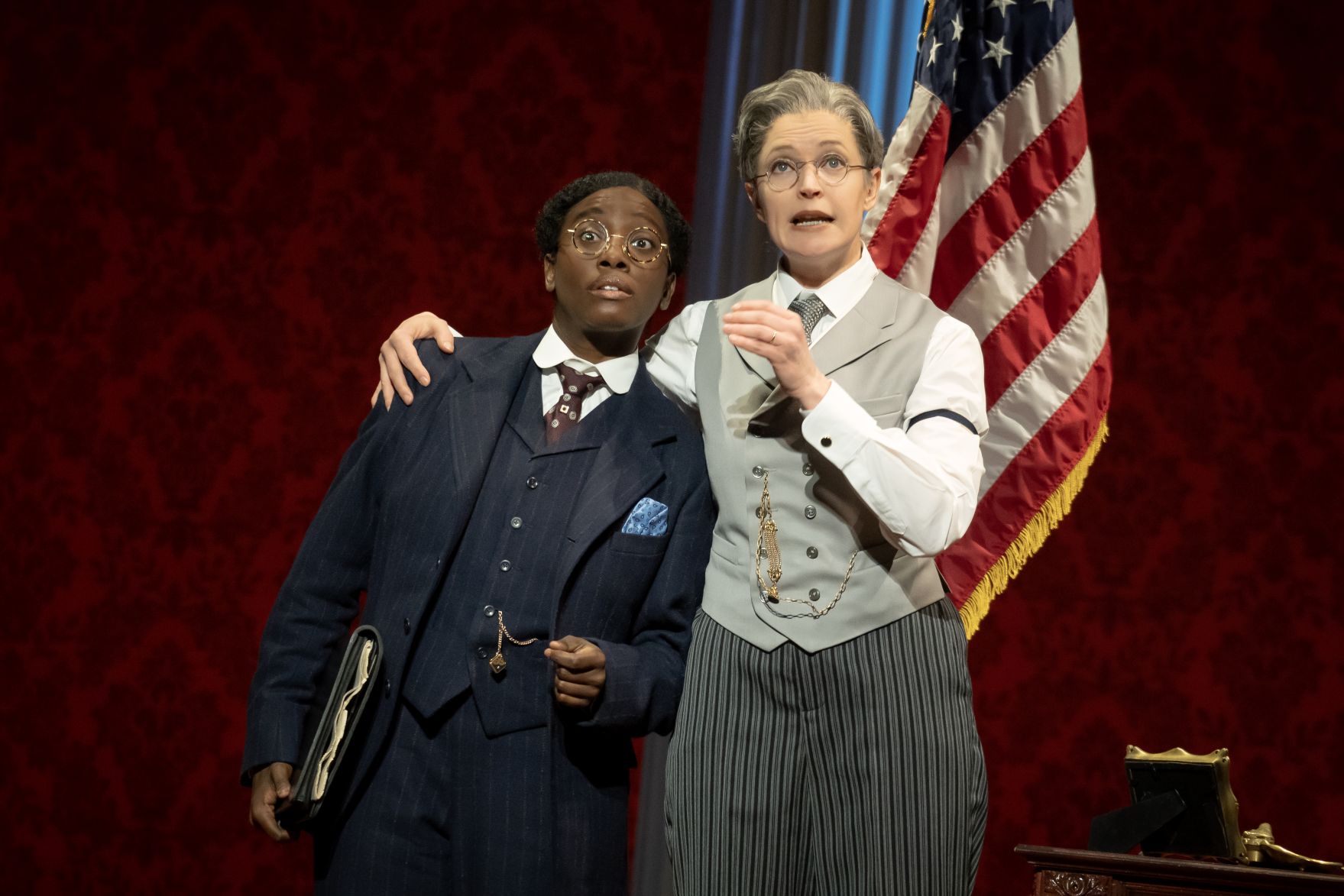 7a Tsilala Brock and Grace McLean as Dudley Malone and President Woodrow Wilson photo by Joan Marcus